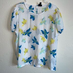 Size XXL Worthington White Sheer Blouse with Blue and Yellow Floral Print